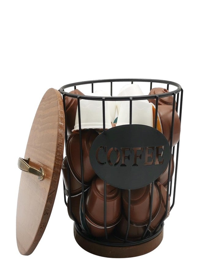 MFBJXC Round Coffee Pods Holder with Wooden Lid and Base,Wire Coffee Pods Storage Basket for Home Cafe Bar Countertop Decor(Black) - Image 2