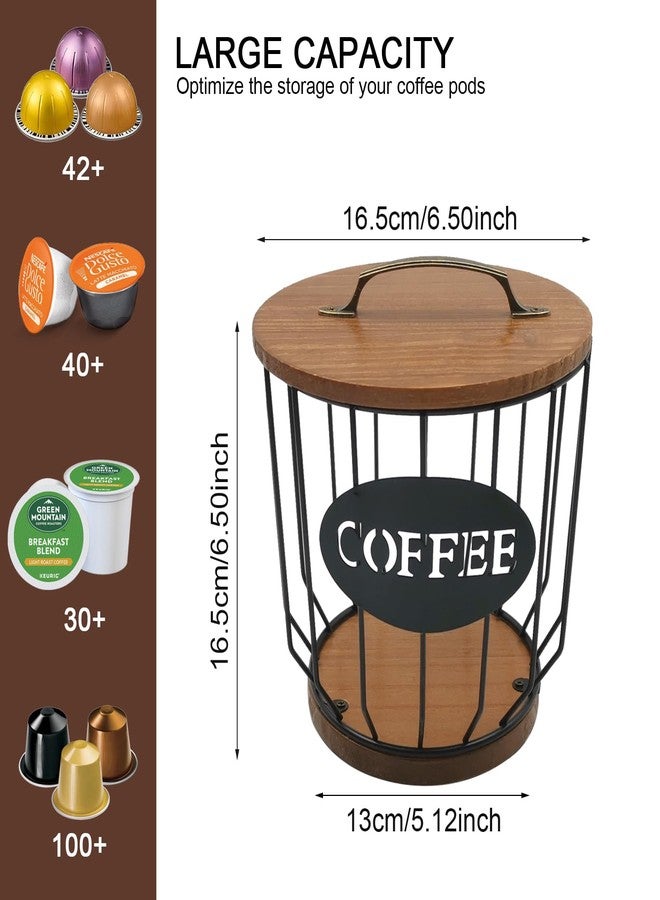 MFBJXC Round Coffee Pods Holder with Wooden Lid and Base,Wire Coffee Pods Storage Basket for Home Cafe Bar Countertop Decor(Black) - Image 4