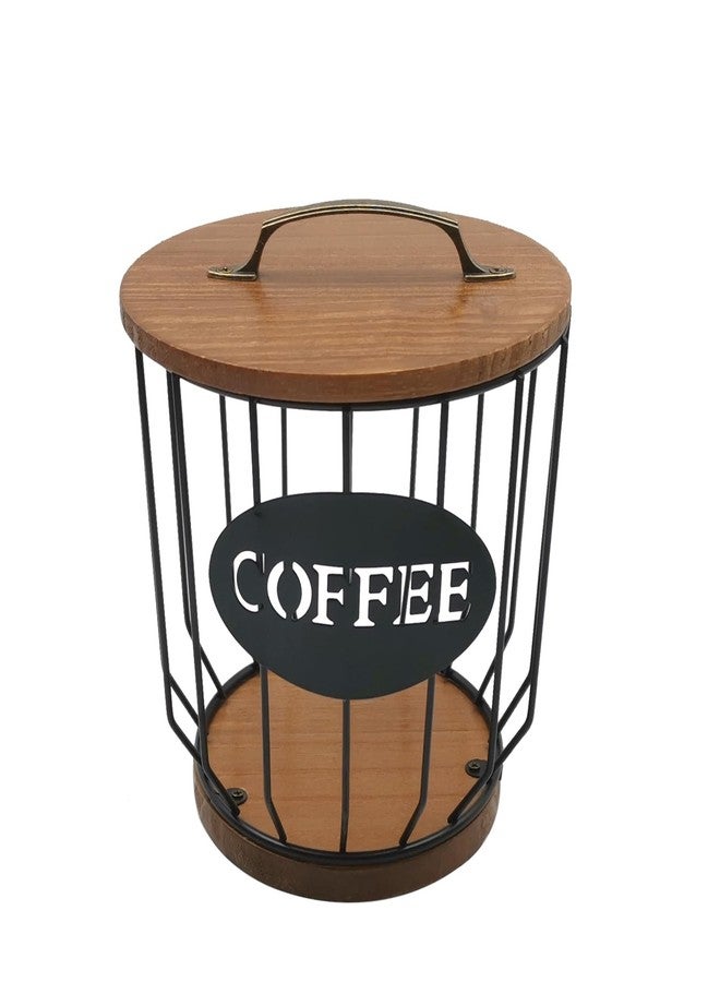 MFBJXC Round Coffee Pods Holder with Wooden Lid and Base,Wire Coffee Pods Storage Basket for Home Cafe Bar Countertop Decor(Black) - Image 1