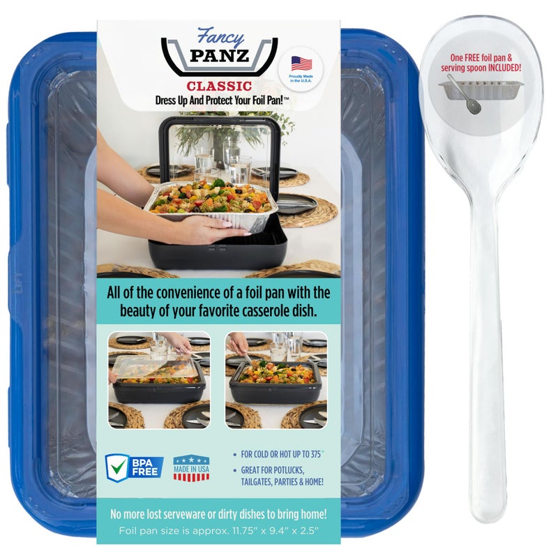 Fancy Panz Classic Food Serving Tray Made in the USA Foil Pan Carrier Stackable Aluminum Pan Holders with Clear Lid Travel Casserole Carrier With 1 Disposable Foil Pan  Serving Spoon Denim Blue