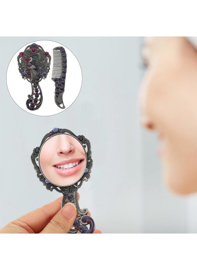 HEALLILY Heallily Vintage Peacock Handheld Makeup Mirror - Antique Metal Travel Dressing Table Princess Mirror with Comb  - Image 2