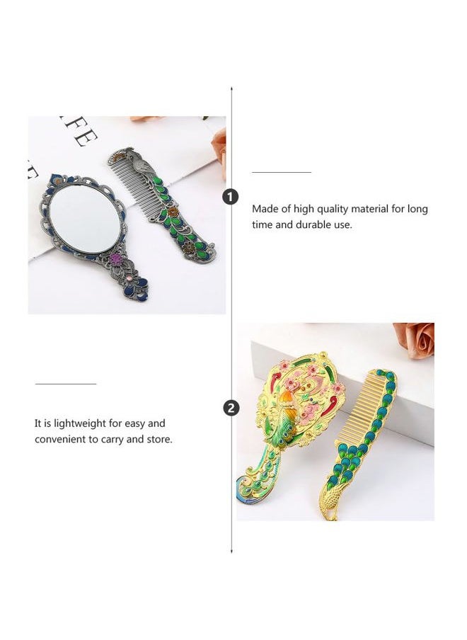 HEALLILY Heallily Vintage Peacock Handheld Makeup Mirror - Antique Metal Travel Dressing Table Princess Mirror with Comb  - Image 5
