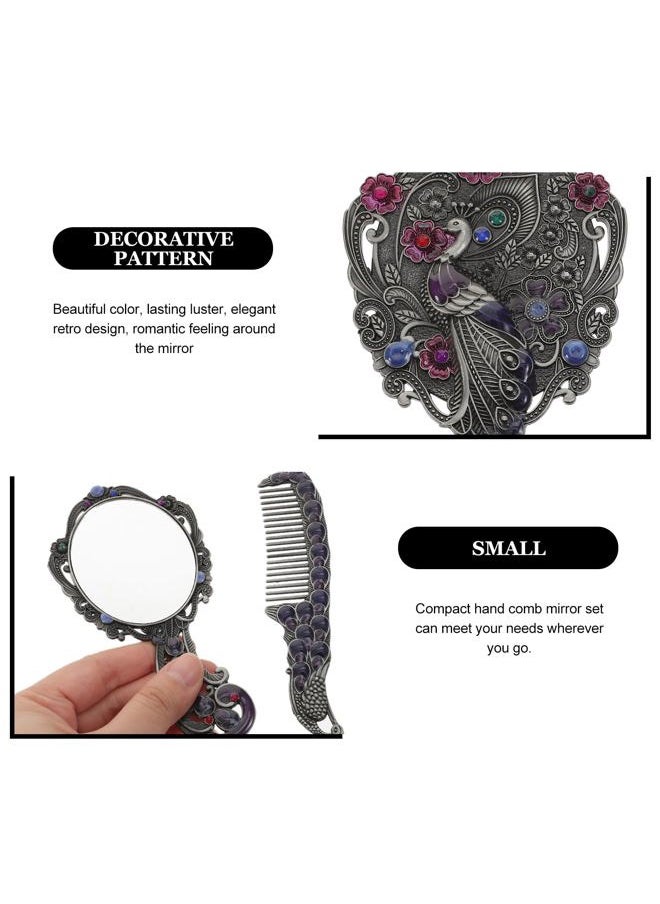HEALLILY Heallily Vintage Peacock Handheld Makeup Mirror - Antique Metal Travel Dressing Table Princess Mirror with Comb  - Image 4