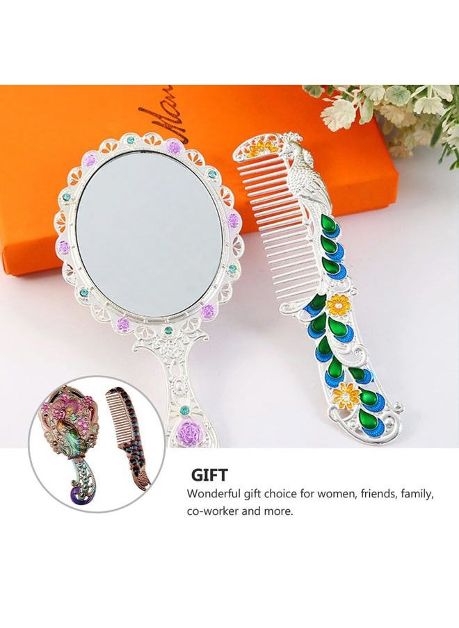 HEALLILY Heallily Vintage Peacock Handheld Makeup Mirror - Antique Metal Travel Dressing Table Princess Mirror with Comb  - Image 3