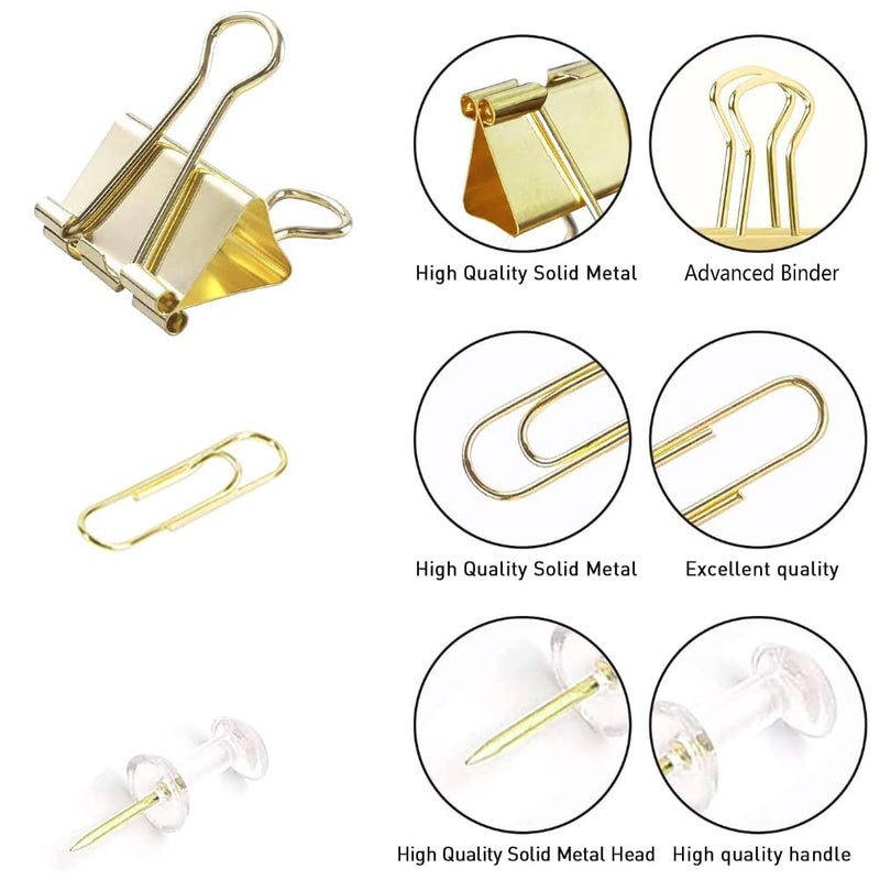 CREECHWA Gold Paper Binder and Clips Set, Metal Assorted Sized Binders with Push Pins, Cute Office Supplies, Teacher Desk Must Haves, Desk Accessories - Image 4