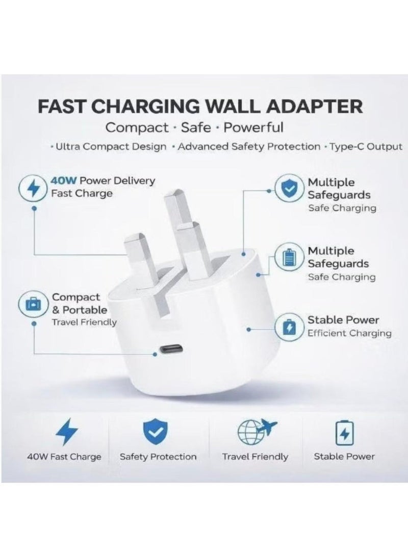 محول طاقة ديناميكي 40 واط مع قدرة قصوى 60 واط + كابل USB-C لأجهزة iPhone و iPad و iPad المزودة بمنفذ USB-C، لون أبيض - Image 3