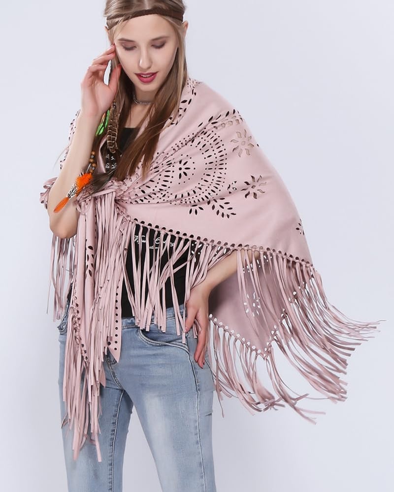 Pocadri Women's Faux Suede Shawls Fringe Lace Wraps Triangle Scarf Poncho Capes Tassel Open Front Blanket Cardigan Coat - Image 5