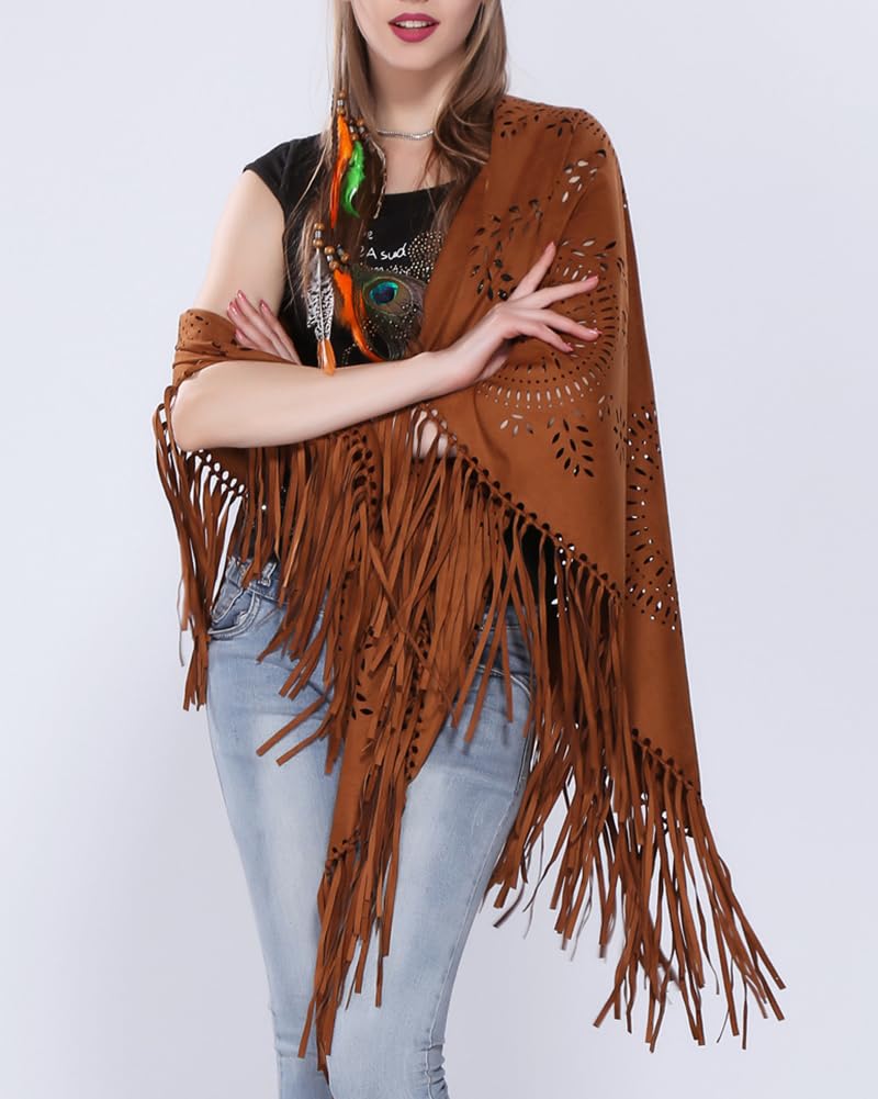 Pocadri Women's Faux Suede Shawls Fringe Lace Wraps Triangle Scarf Poncho Capes Tassel Open Front Blanket Cardigan Coat - Image 3