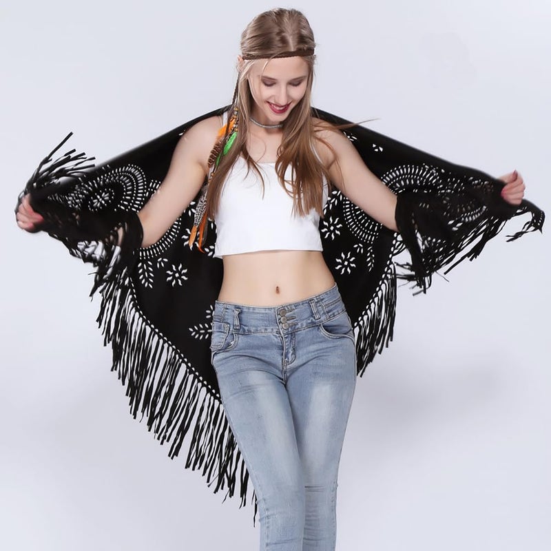Pocadri Women's Faux Suede Shawls Fringe Lace Wraps Triangle Scarf Poncho Capes Tassel Open Front Blanket Cardigan Coat - Image 4