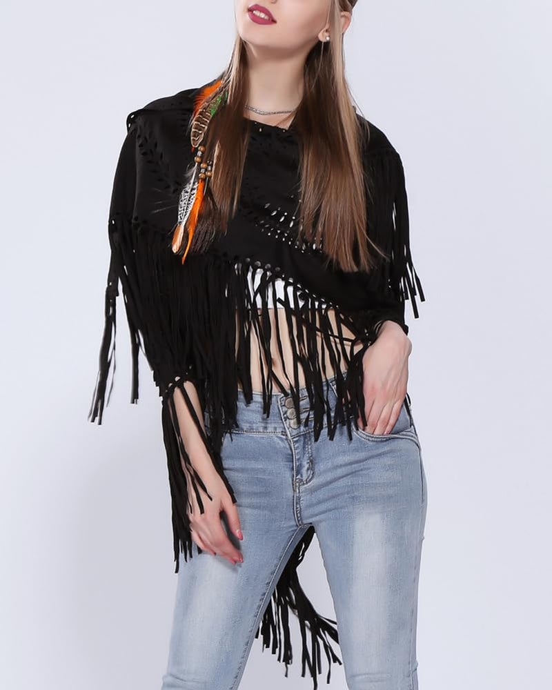 Pocadri Women's Faux Suede Shawls Fringe Lace Wraps Triangle Scarf Poncho Capes Tassel Open Front Blanket Cardigan Coat - Image 2