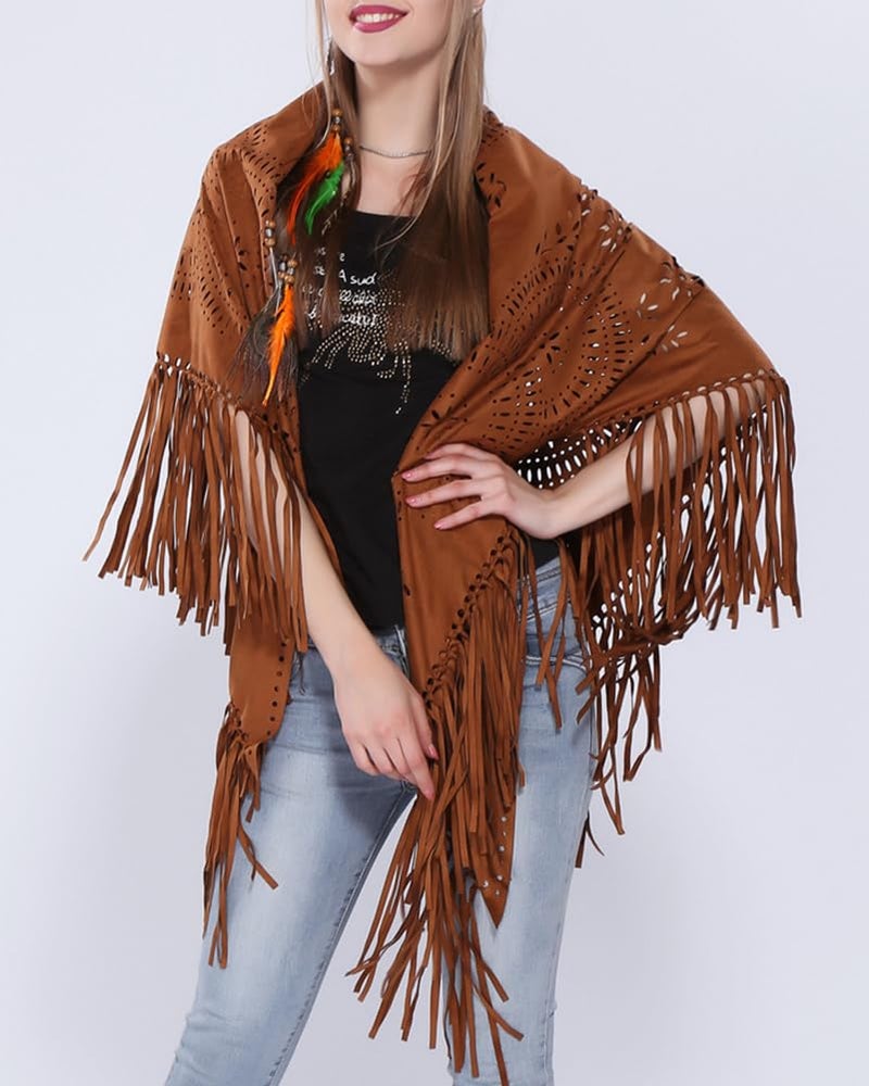 Pocadri Women's Faux Suede Shawls Fringe Lace Wraps Triangle Scarf Poncho Capes Tassel Open Front Blanket Cardigan Coat - Image 1