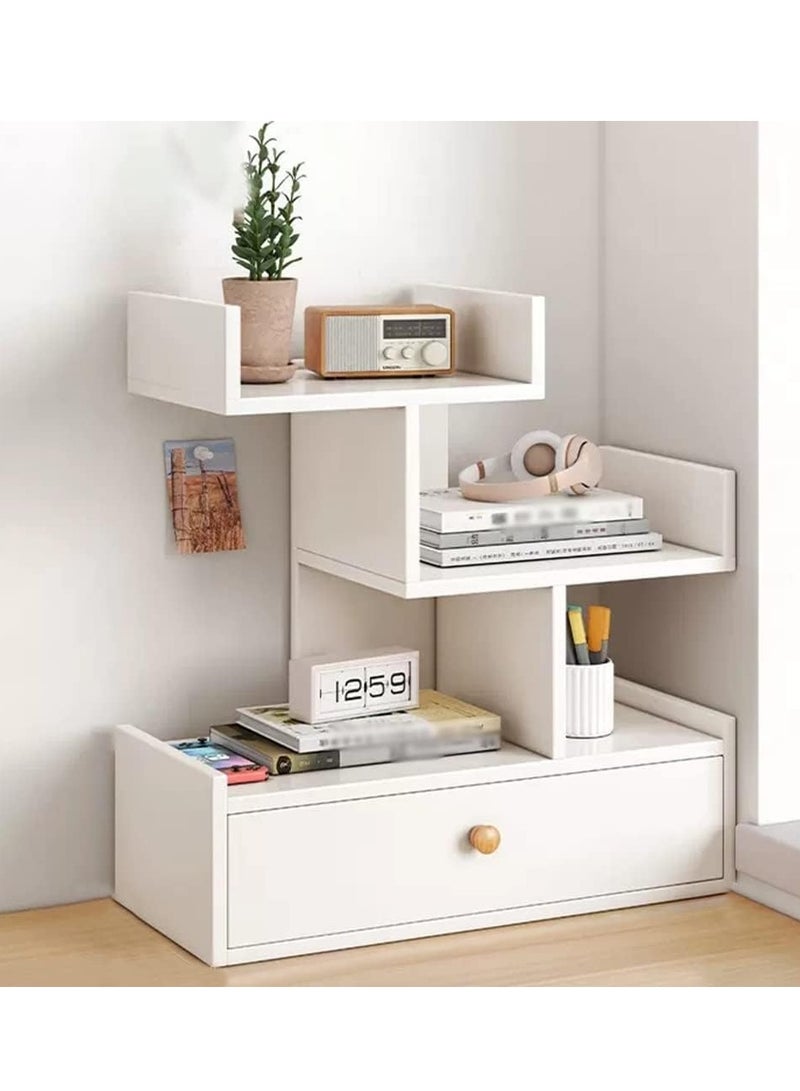 XiuWoo 4-Tier Wood Tree Shape Desktop Bookshelf Organizer and Office Storage Rack, Natural Stand Shelf with Drawer for Office and Home white 34x16x48 cm - Image 1