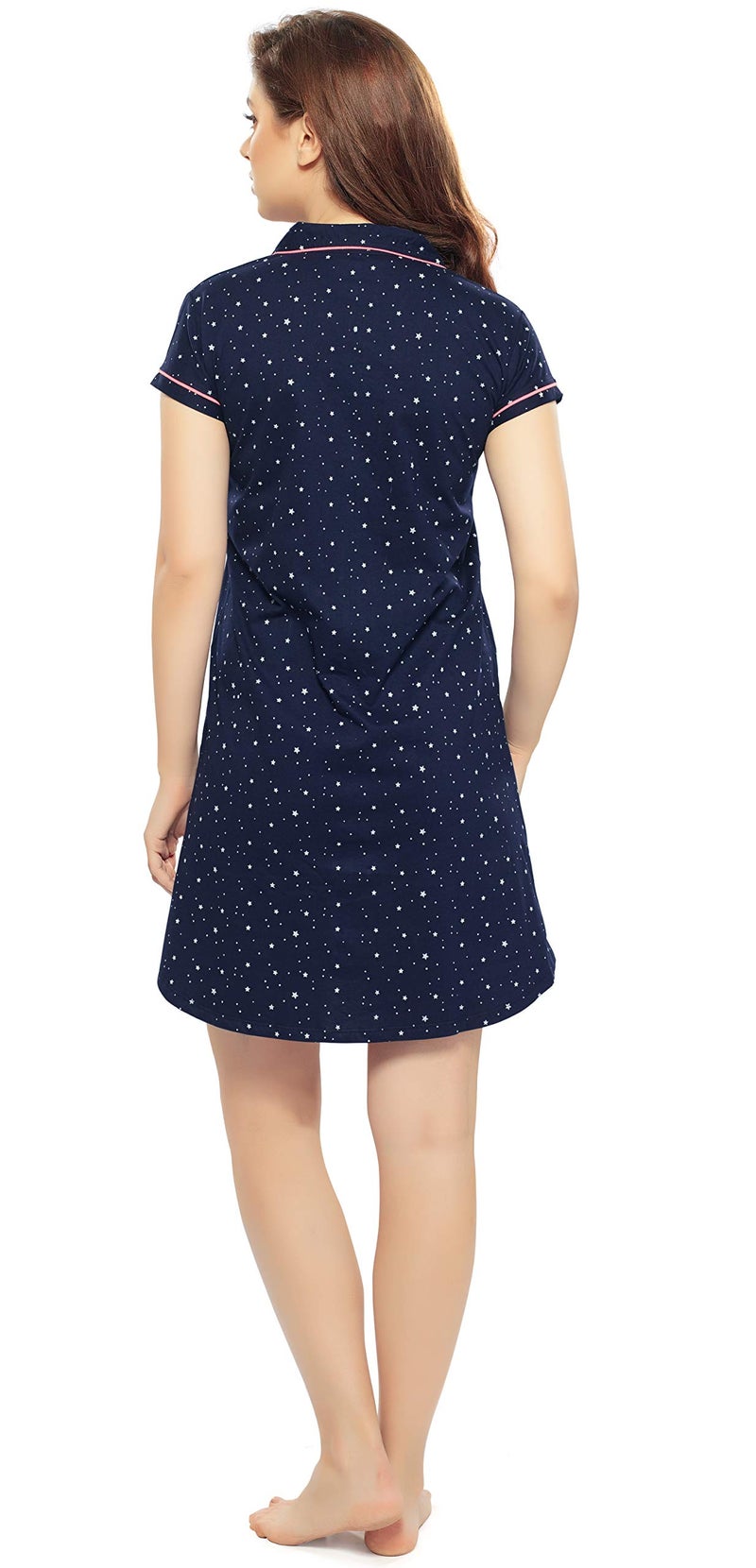 ZEYO Women's Cotton Night Dress Star & Dot Printed Navy Blue Knee Length Night Gown 5122 - Image 4