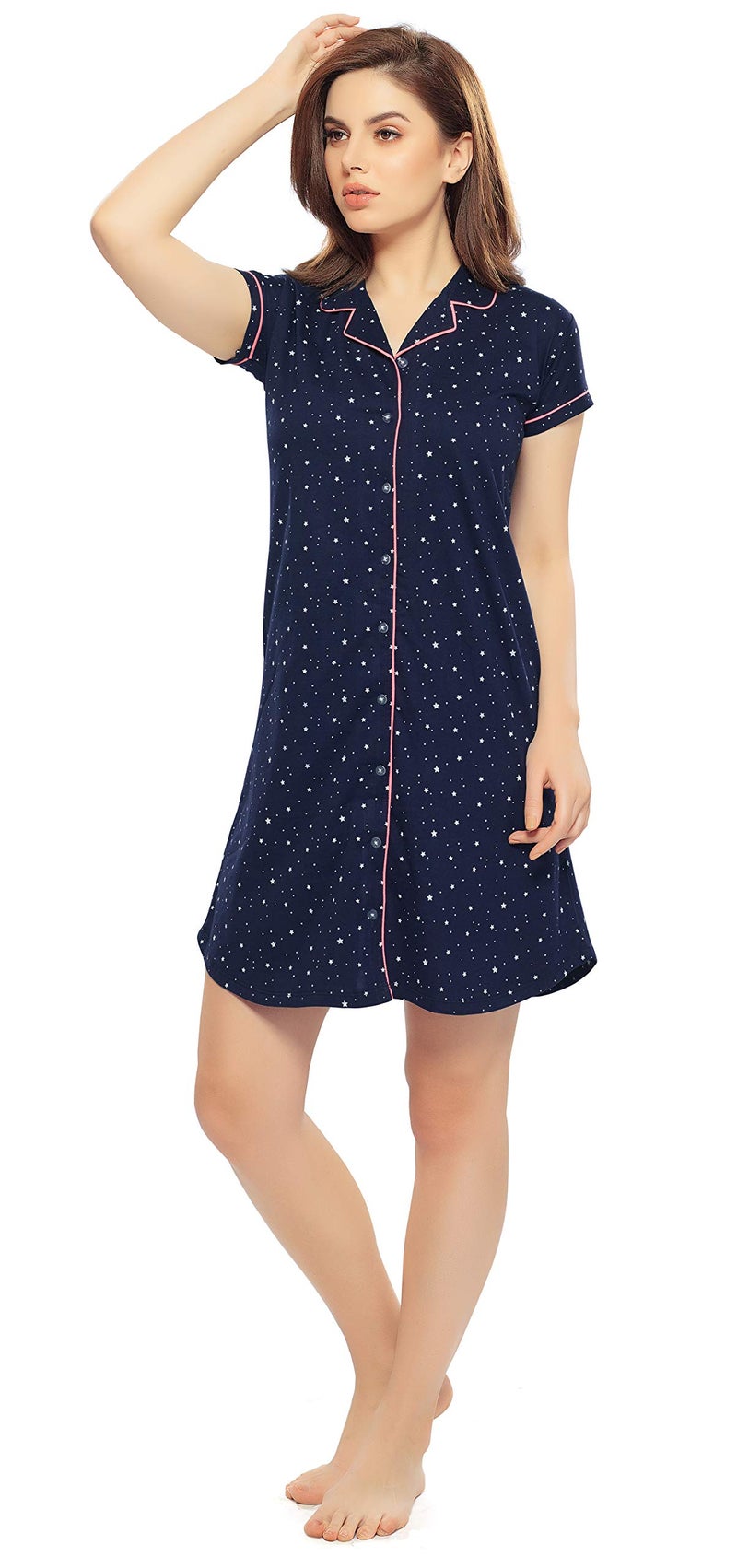 ZEYO Women's Cotton Night Dress Star & Dot Printed Navy Blue Knee Length Night Gown 5122 - Image 3