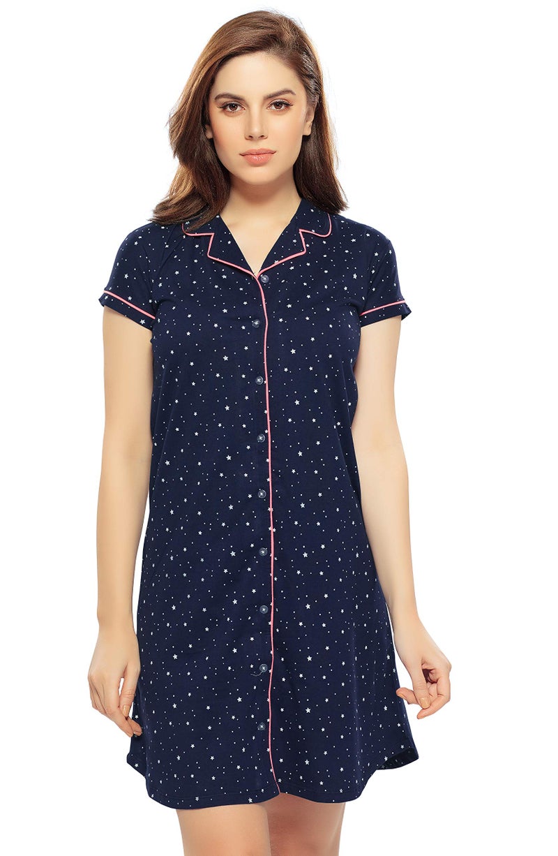 ZEYO Women's Cotton Night Dress Star & Dot Printed Navy Blue Knee Length Night Gown 5122 - Image 1