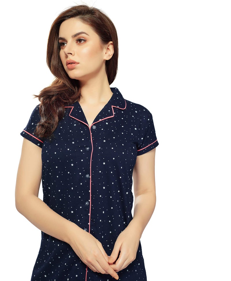 ZEYO Women's Cotton Night Dress Star & Dot Printed Navy Blue Knee Length Night Gown 5122 - Image 2
