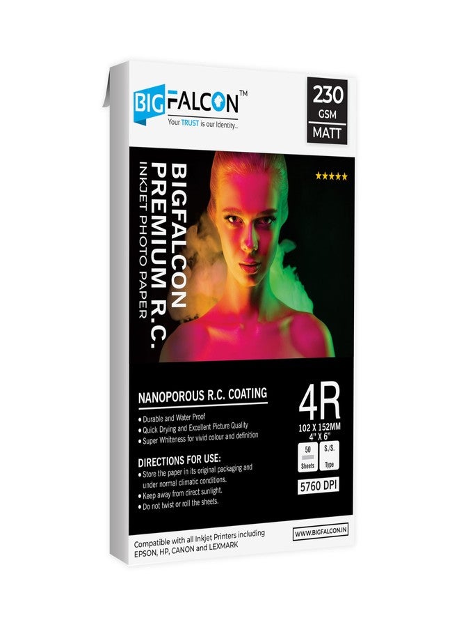 BIGFALCON ورق صور BIGFALCON Premium 230 GSM مقاس 4R (4×6 بوصة) غير لامع مطلي براتنج RC مقاوم للماء، مناسب لجميع طابعات نفث الحبر، 50 ورقة - Image 1