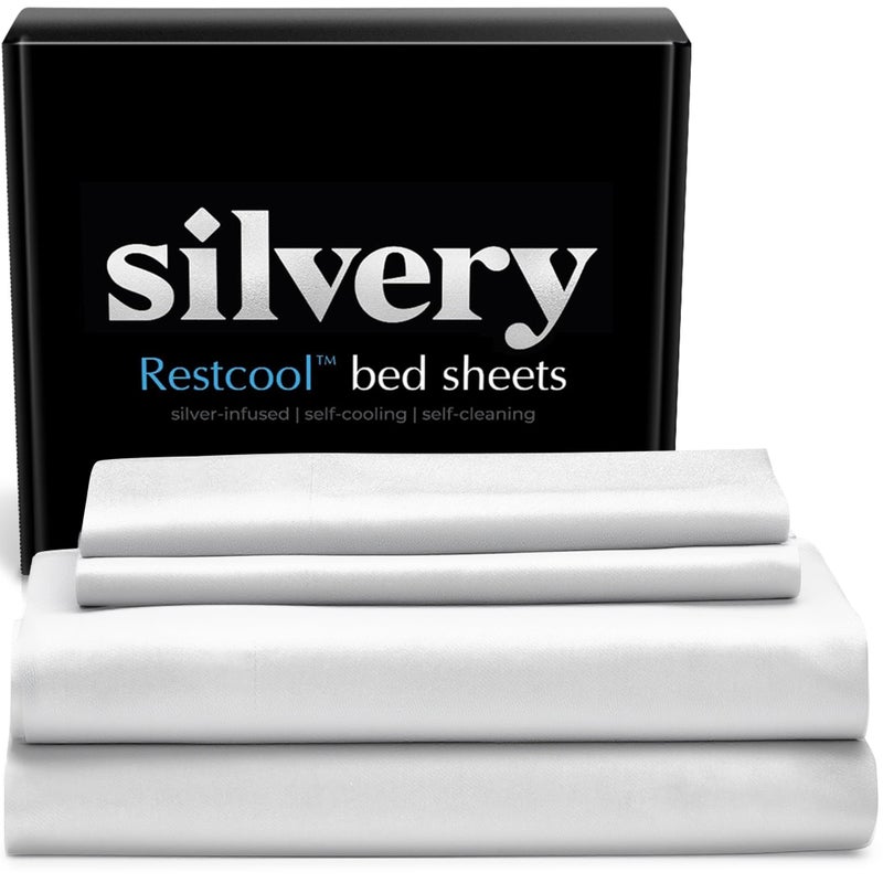 Silvery Restcoolâ„¢ Silver Infused Bed Sheets Set - Award-Winning Self-Cooling Fabric for Hot Sleepers with Self-Cleaning Silvery Technologyâ„¢ That Stays Fresh 3X Longer (White, King) - Image 1