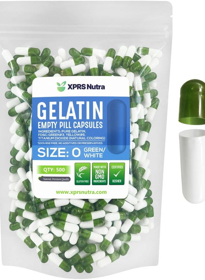 XPRS Nutra Size 0 Empty Capsules - 500 Count Empty Gelatin Capsules - Empty Pill Capsules - DIY Capsule Filling - Pure Bovine Pill Capsules Empty Gel Caps (Green/White) - Image 1