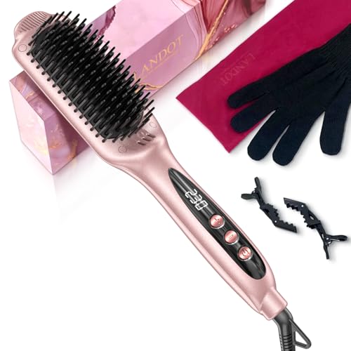 LANDOT Ionic Hair Straightener Brush Ceramic Straightening Brush with 12 Heat Settings 250450F for Smooth Shiny Results Ideal for Medium Long Women Hair Dual Voltage Rose Gold - Image 1