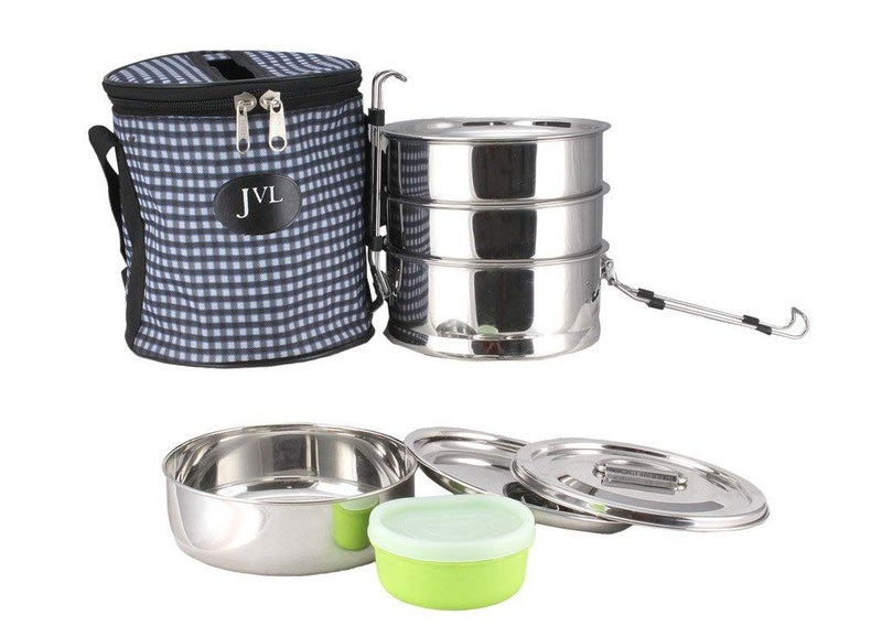JVL Medium Round Stainless Steel Lunch Box - Travelling Set with 4 Compartments and 1 Air Tight Plastic Box (Silver) - Image 4