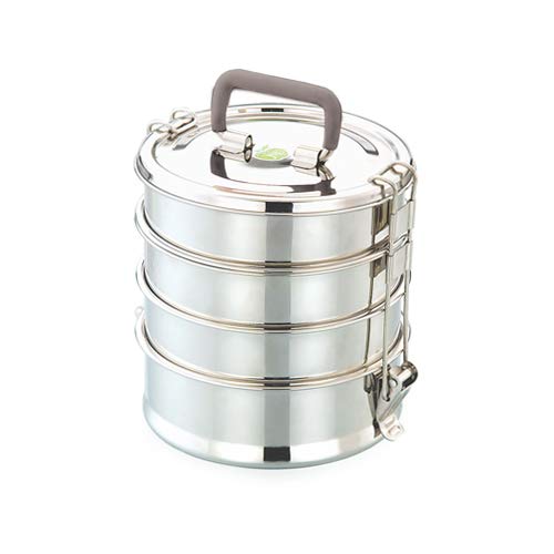 JVL Medium Round Stainless Steel Lunch Box - Travelling Set with 4 Compartments and 1 Air Tight Plastic Box (Silver) - Image 5