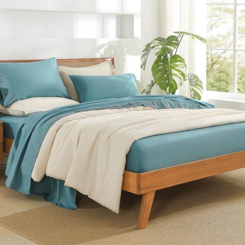 Andency أوراق Teal الرمادية الرمادية الكاملة مجموعة كاملة 4 قطع من ألواح ناعمة للسرير الكامل الحجم الألياف الدقيقة ورقة كاملة الجيب العميق حتى 16 "فندق الفاخرة وملاءات الفراش ومسامير التبريد - Image 5