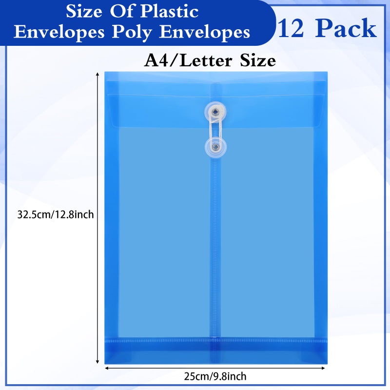 ReliThick 12 Pack Plastic Envelopes with Button and String Tie Closure Expandable Poly String Envelopes Plastic File Folder Letter A4 Size 1-1/4 Inch Expansion(Blue) - Image 2
