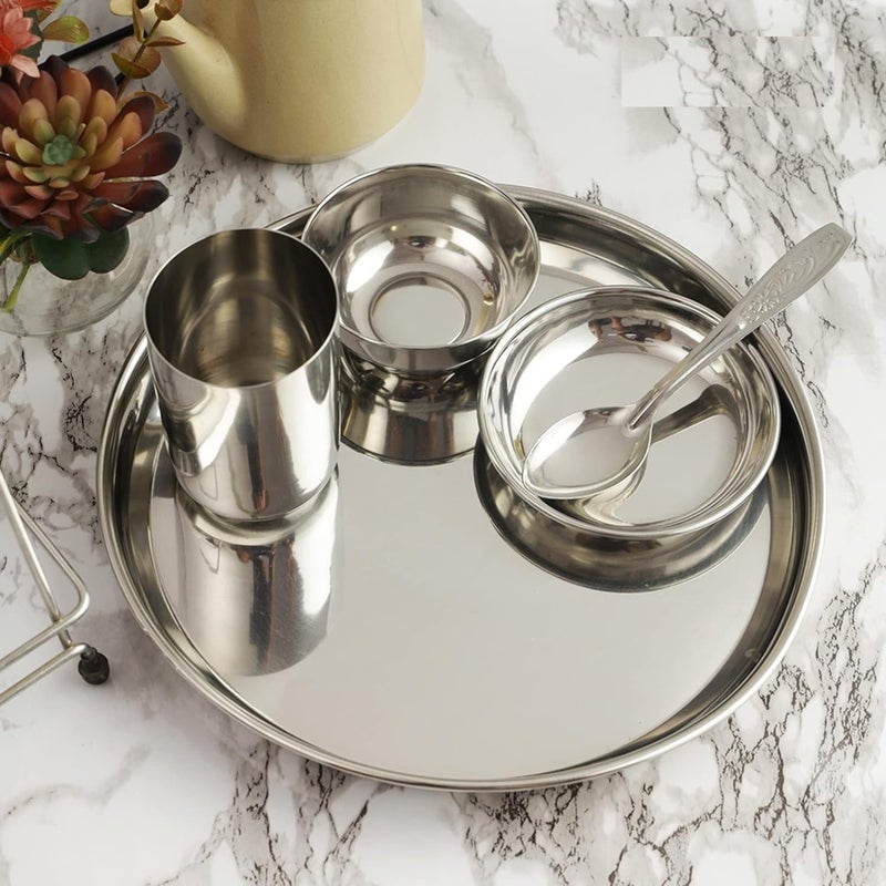 Nirvika Stainless Steel 4pc Thali Plate13 inch Kitchenware Set Ideal for Home Restaurants and Family Use Silver - Image 5