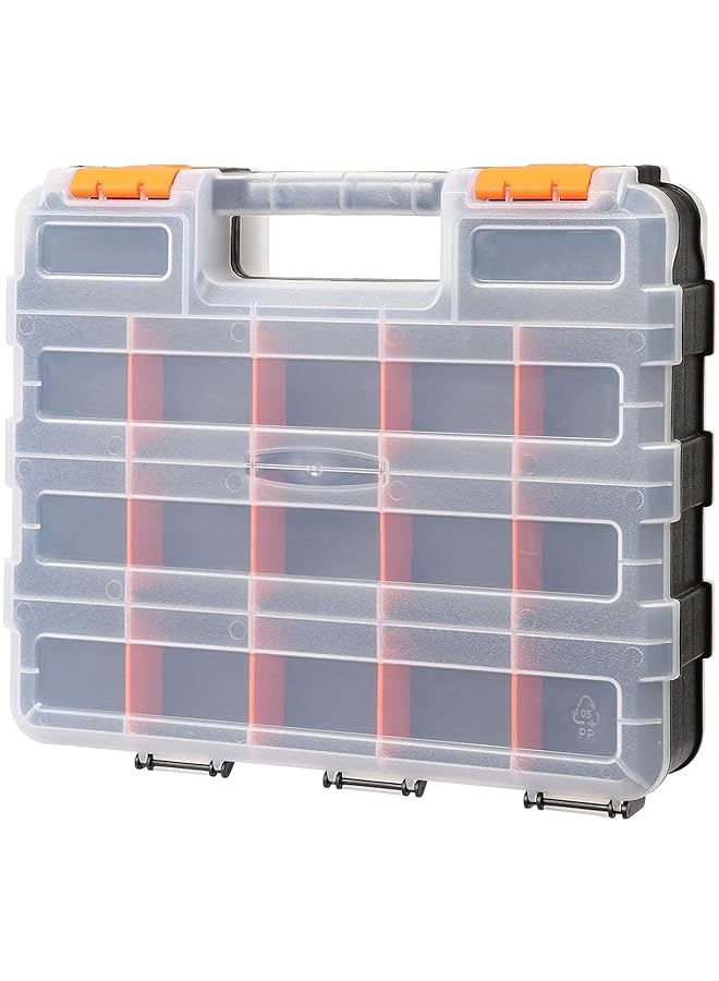 promass Double Side Tool Organizer with Impact Resistant Polymer and Customizable Removable Plastic Dividers, Hardware Box Storage, Excellent for Screws,Nuts,Small Parts, 34-Compartment, Black/Orange - Image 1