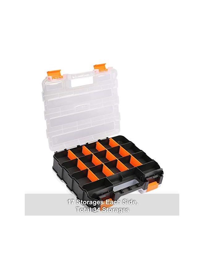 promass Double Side Tool Organizer with Impact Resistant Polymer and Customizable Removable Plastic Dividers, Hardware Box Storage, Excellent for Screws,Nuts,Small Parts, 34-Compartment, Black/Orange - Image 3