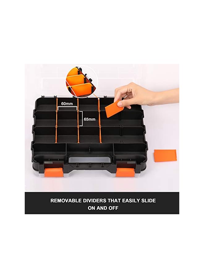 promass Double Side Tool Organizer with Impact Resistant Polymer and Customizable Removable Plastic Dividers, Hardware Box Storage, Excellent for Screws,Nuts,Small Parts, 34-Compartment, Black/Orange - Image 5