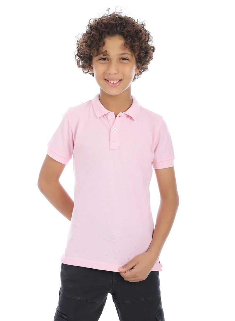 Pink Turn Down Collar Pique Boys Polo Shirt_Pink