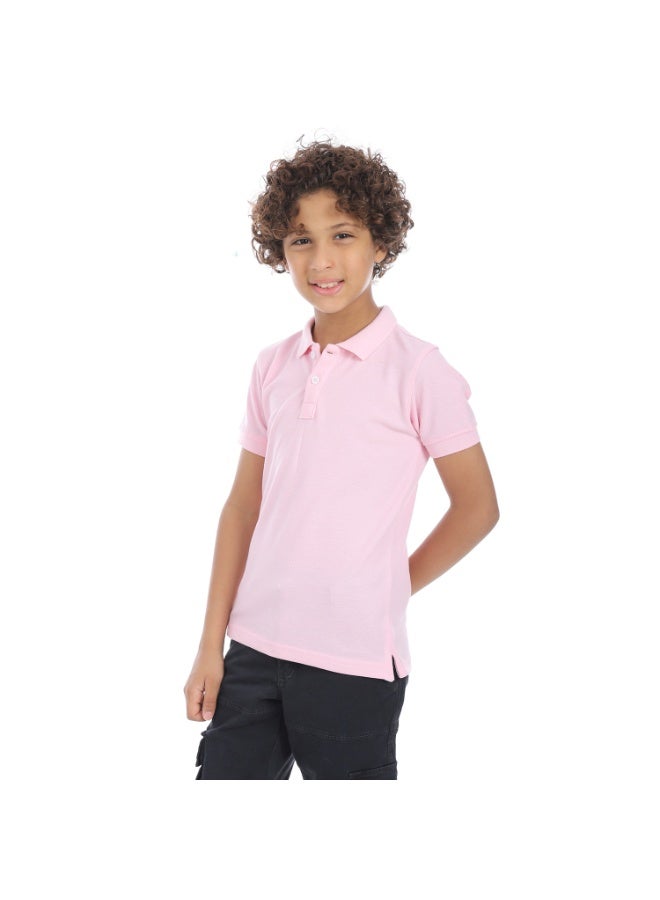 Pink Turn Down Collar Pique Boys Polo Shirt_Pink
