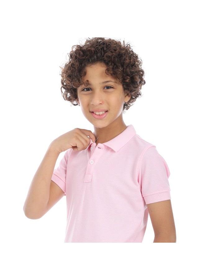 Pink Turn Down Collar Pique Boys Polo Shirt_Pink