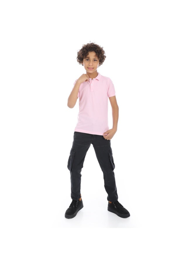 Pink Turn Down Collar Pique Boys Polo Shirt_Pink
