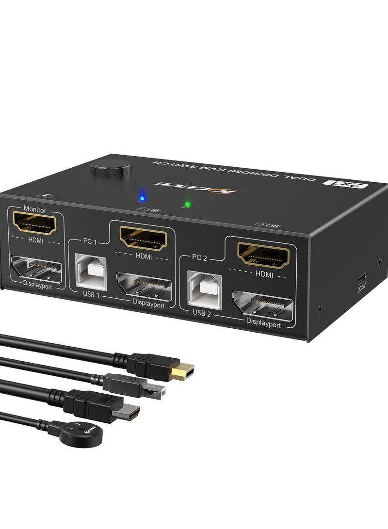 KASTWAVE Dual Monitor KVM Switch HDMI+DisplayPort 4K@60Hz/2K@120Hz - Switcher for Sharing 2 Monitors, 4 USB 2.0 Ports Among 2 Computers, Includes Wired Remote & 4 Cables - Image 1