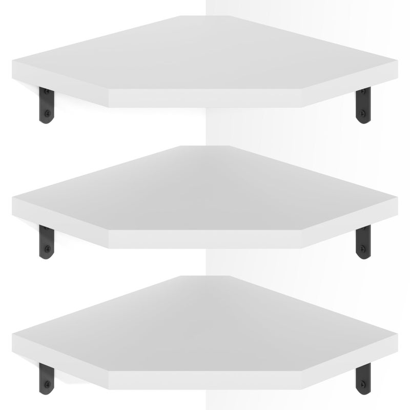 Alsonerbay Corner Wall Shelf Set of 3 Corner Shelf Wall Mount Solid Wood Corner Floating Shelves with Cable Hole for TV Accessories Speaker Game Console for Bedroom Living Room Bathroom White