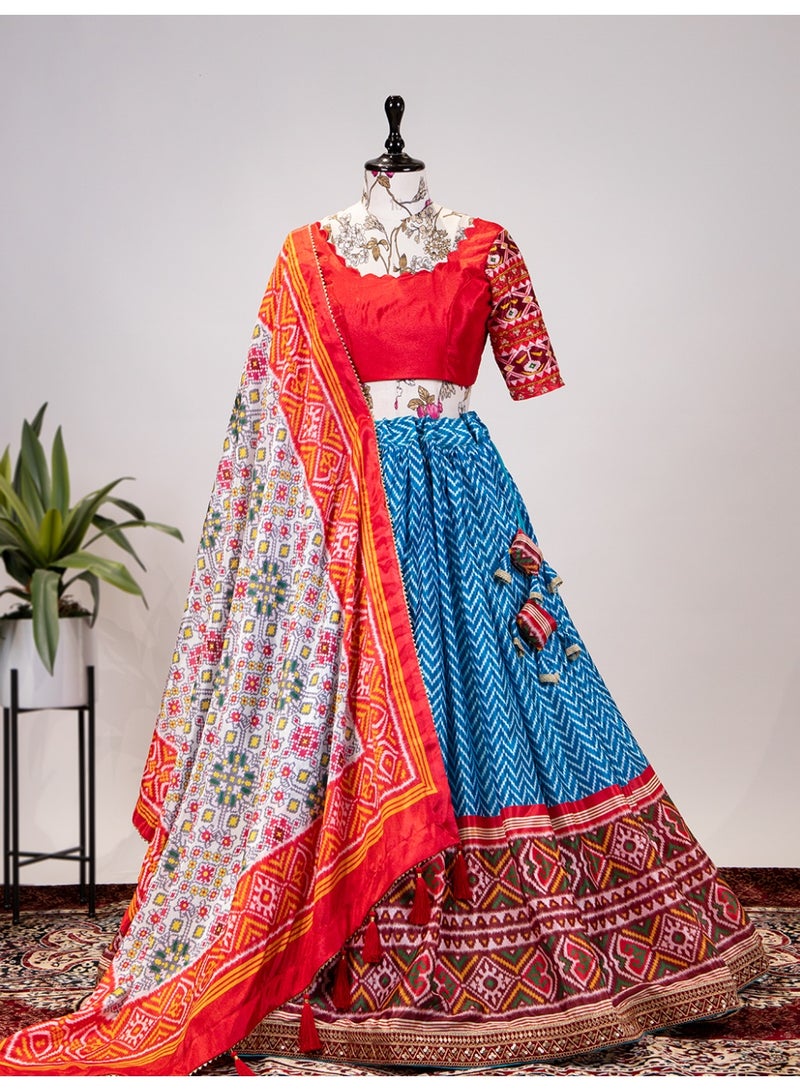Super Asian Festive Chinnon Lehenga Set with Laheriya-Patola Print, Sequin Embroidery & Gotta Patti Dupatta | Stitched Lehenga + Unstitched Blouse  - Image 3