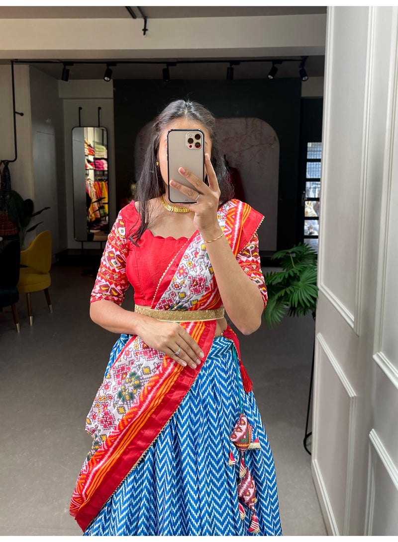 Super Asian Festive Chinnon Lehenga Set with Laheriya-Patola Print, Sequin Embroidery & Gotta Patti Dupatta | Stitched Lehenga + Unstitched Blouse  - Image 1