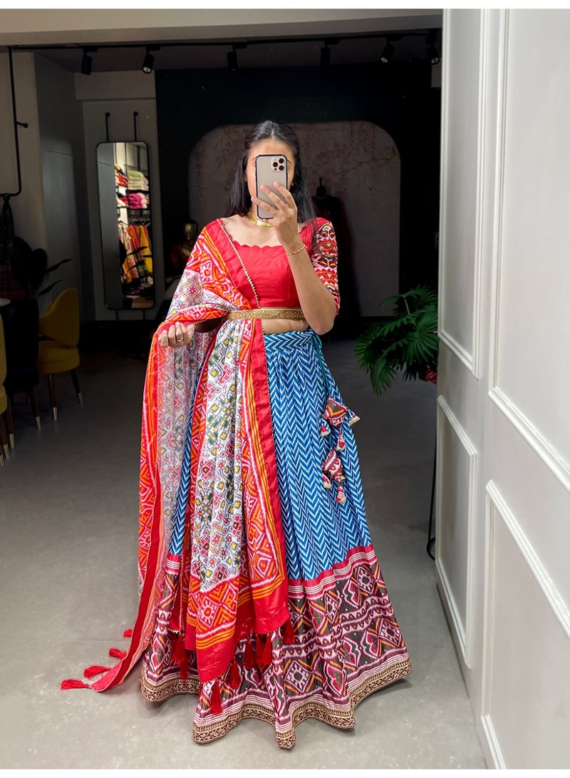 Super Asian Festive Chinnon Lehenga Set with Laheriya-Patola Print, Sequin Embroidery & Gotta Patti Dupatta | Stitched Lehenga + Unstitched Blouse  - Image 5