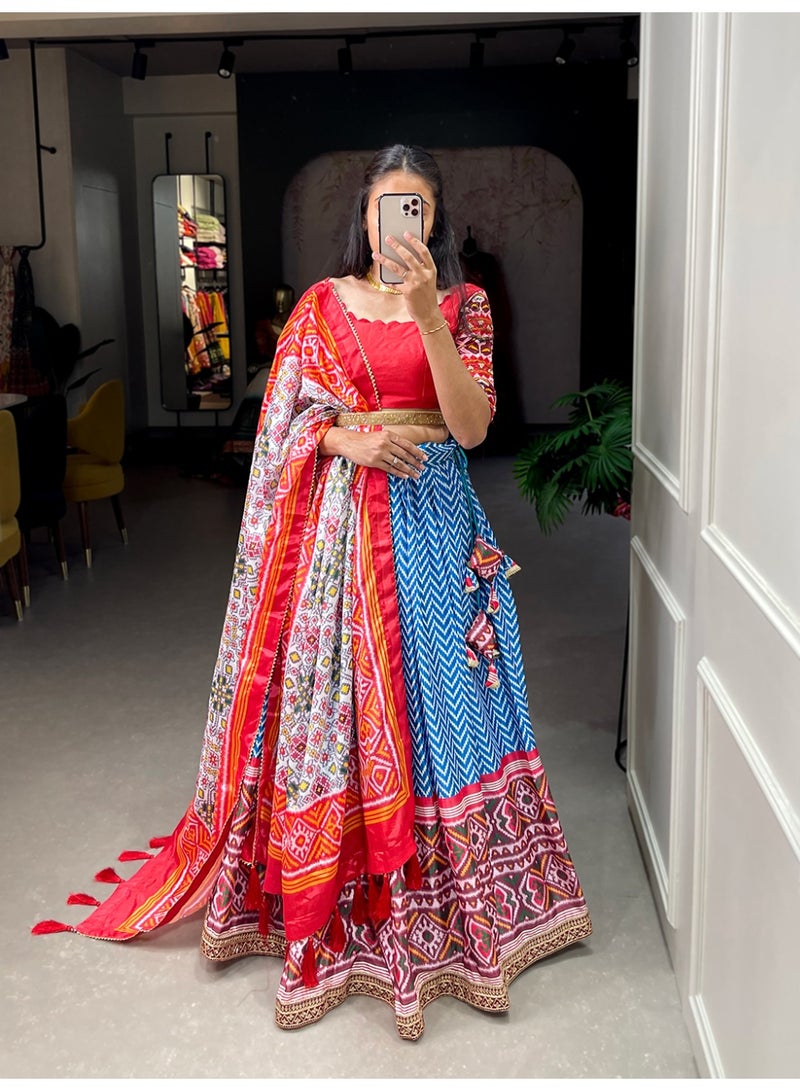Super Asian Festive Chinnon Lehenga Set with Laheriya-Patola Print, Sequin Embroidery & Gotta Patti Dupatta | Stitched Lehenga + Unstitched Blouse  - Image 4