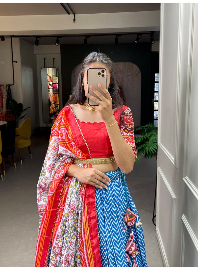 Super Asian Festive Chinnon Lehenga Set with Laheriya-Patola Print, Sequin Embroidery & Gotta Patti Dupatta | Stitched Lehenga + Unstitched Blouse  - Image 2