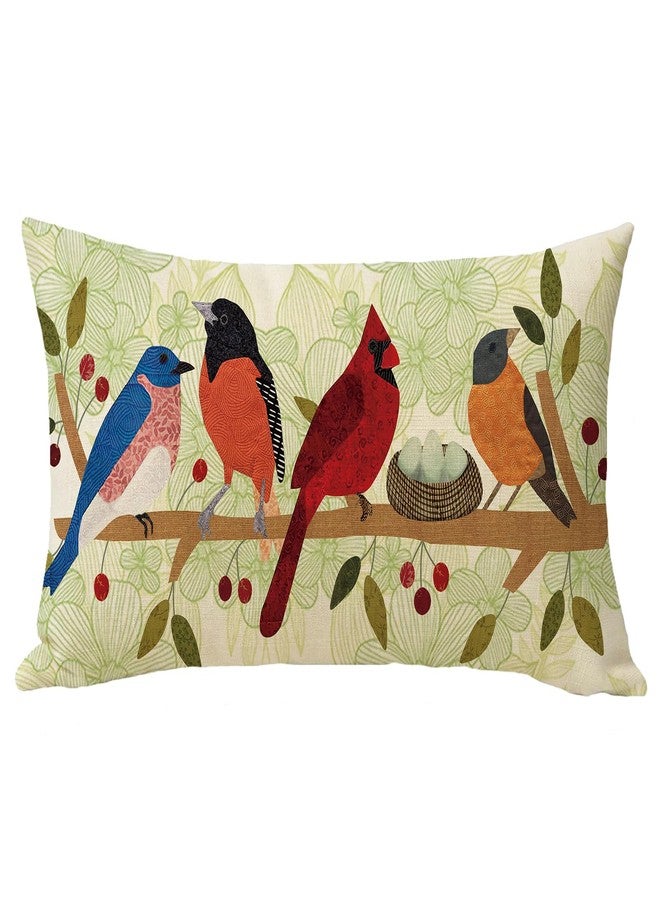 Fjfz Spring Summer Birds Lumbar Decorative Throw Pillow Cover 12 x 20, Green Rectangular Cardinal Bluebird Bullfinch Hooded Oriole Outdoor Home Decor, Branch Nest Bird Egg Flowers Couch Cushion Case - Image 1