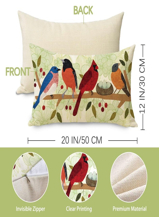 Fjfz Spring Summer Birds Lumbar Decorative Throw Pillow Cover 12 x 20, Green Rectangular Cardinal Bluebird Bullfinch Hooded Oriole Outdoor Home Decor, Branch Nest Bird Egg Flowers Couch Cushion Case - Image 2