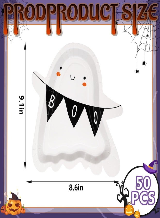 JarThenaAMCS 50Pcs Halloween Paper Plates Cute Boo Ghost Shape Disposable Plates Halloween Party Tableware for Birthday Holiday Table Decor Supplies - Image 2