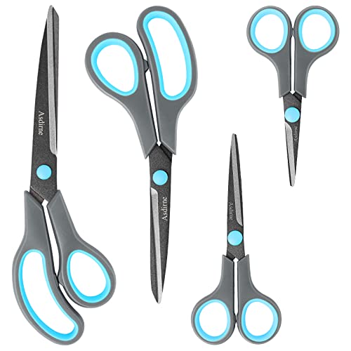 Asdirne Scissors, Teflon Coating All Purpose Scissors, Non-Stick Stainless Steel Blades, Ergonomic Semi-Soft Rubber Grip, Great for Craft, Office, School, Set of 4, 10"/8.5"/6"/5", Blue&Gray - Image 1