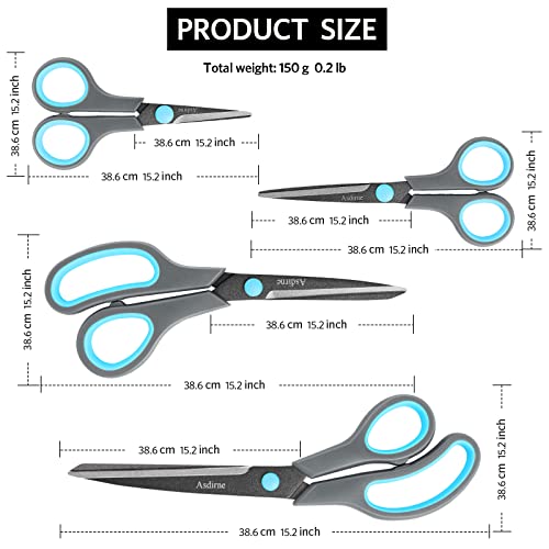 Asdirne Scissors, Teflon Coating All Purpose Scissors, Non-Stick Stainless Steel Blades, Ergonomic Semi-Soft Rubber Grip, Great for Craft, Office, School, Set of 4, 10"/8.5"/6"/5", Blue&Gray - Image 5