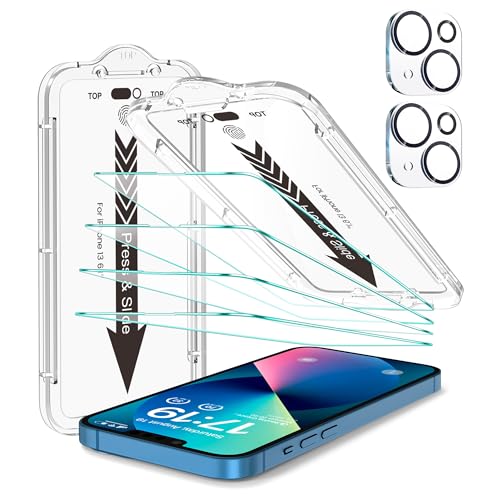 EZ-GLAZ- 4 Pack for iPhone 13 Screen Protector [6.1"] With 2 Pack Camera Lens Protector, 9H+ Hardness 12FT Military Grade Shatterproof Scratch Resistant Durable Tempered Glass Film with Flawless Fit Kit, HD Clear - Image 1