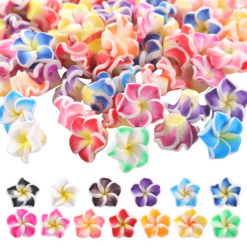 SUNNYCLUE 100Pcs Plumeria Beads Polymer Clay Flower Beads Bulk Handmade Hawaiian Plumerias Flowers 12x8mm Flat Back Floral Charms Summer Colorful 3D Loose Spacers for Jewelry Making Beading Kit